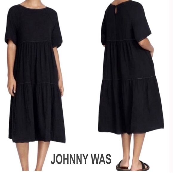 Johnny Was Calme Raglan Tiered Dress Black Gauze Midi 100% Cotton Medium - Picture 1 of 7